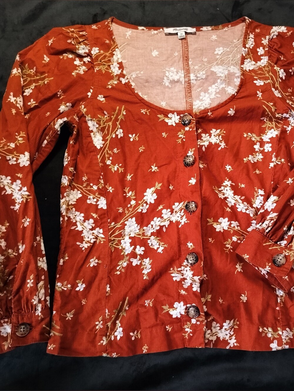 Madewell Rust Orange Floral 100% Cotton Corduroy Button Down Puffy Sleeve Top XS
